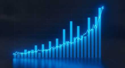 Dramatic 3D digital bar chart and superimposed line graph showing consistent, strong growth with an upward-pointing arrow on a dark, reflective blue background