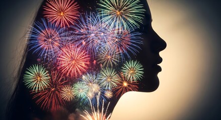 Double exposure silhouette of a woman's face and head superimposed with a vibrant, colorful fireworks display, symbolizing creativity, celebration, excitement, and the power of the mind