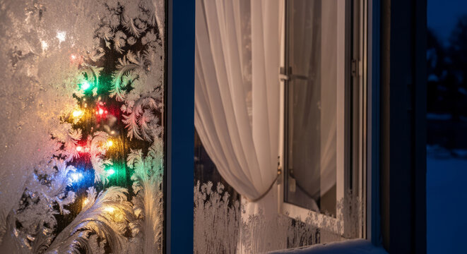 Festive window display with colorful lights and frosted glass.