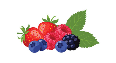 A colorful assortment of fresh, juicy berries including strawberries, raspberries, blueberries, and blackberries with green leaves.