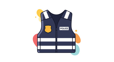 A colorful cartoon illustration depicting a dark blue police uniform vest with reflective stripes, a yellow shield badge, and \.