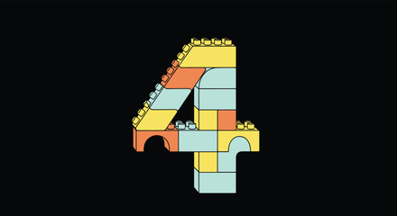 The number four, creatively constructed using various colorful toy building blocks, stands out against a stark black background.