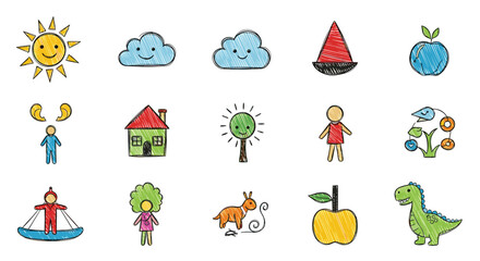 Colorful, childlike scribble art illustrations featuring nature, people, animals, and objects on a white background.
