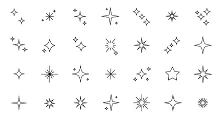 Naklejka premium A diverse collection of outline star and sparkle icons, illustrating various styles of glitter and light effects.