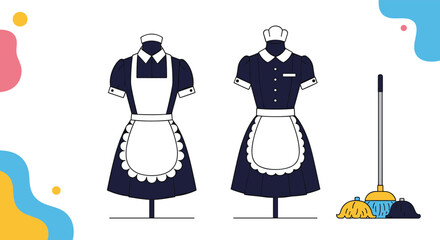 Illustration of two detailed traditional maid costumes on mannequins, complete with aprons and headwear, next to various cleaning supplies.