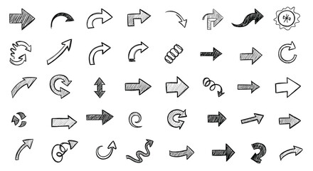 A diverse collection of hand-drawn doodle arrows in various styles and directions, ideal for creative design and user interface elements.