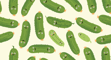 A whimsical and playful seamless pattern featuring various cartoon cucumbers and gherkins with cute, smiling faces scattered across a light background.