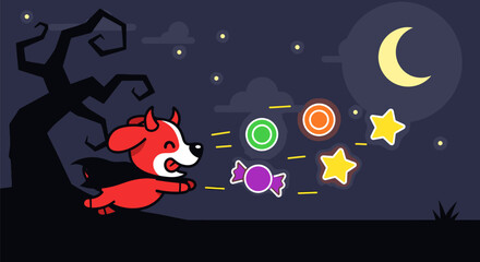 Cartoon Devil Dog Chasing Halloween Candy Under a Crescent Moon.