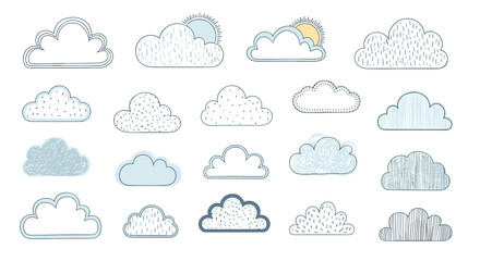 A collection of whimsical hand-drawn clouds in various styles and textures, perfect for weather-themed designs and illustrations.