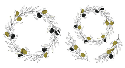 Hand-drawn olive branch wreaths and individual sprigs with green and black olives, perfect for rustic Mediterranean designs.