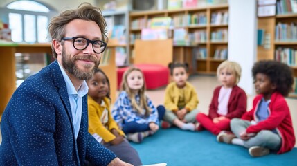 A man teaches a group of young children in a library, engaging them with a book in hand