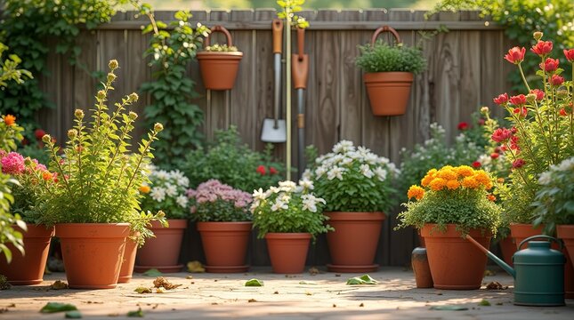 Gardening enthusiasts nurture plants and flowers with care and devotion at sunrise.