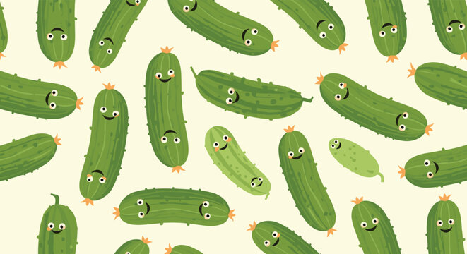 A whimsical and playful seamless pattern featuring various cartoon cucumbers and gherkins with cute, smiling faces scattered across a light background.
