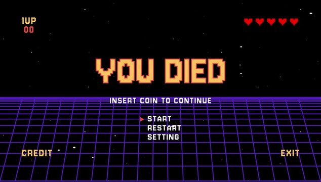 You died pixel text animation. Retro game arcade 8 bit. Retrowave video game background 4K resolution