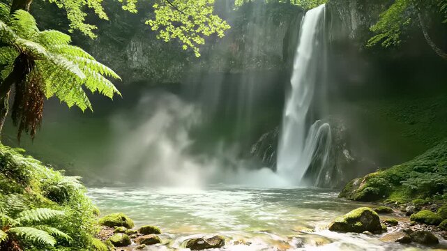 Majestic waterfall cascades down rugged rocks, surrounded by towering trees, creating a serene atmosphere perfect for backgrounds in nature documentaries or calming visuals in wellness.