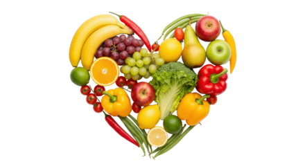 A heart of unblemished fresh fruits and vegetables (bananas, grapes, apples, bell peppers, lemons) on a transparent studio background, flat lay, top-down, concept of healthy eating and well-being