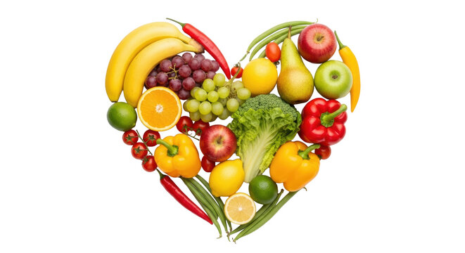 A heart of unblemished fresh fruits and vegetables (bananas, grapes, apples, bell peppers, lemons) on a transparent studio background, flat lay, top-down, concept of healthy eating and well-being