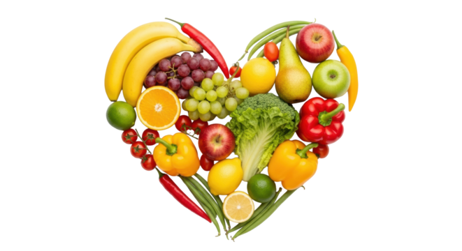 A heart of unblemished fresh fruits and vegetables (bananas, grapes, apples, bell peppers, lemons) on a transparent studio background, flat lay, top-down, concept of healthy eating and well-being