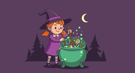 Cartoon Witch Brewing Potion in Cauldron Under Crescent Moon.