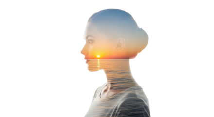 Young caucasian woman's elegant profile, mid-20s, neatly pulled-back hair, neutral top, filled with a golden hour sunset over a tranquil ocean against transparent. Concept of mindfulness and inner