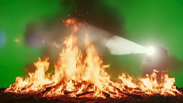 Fire hydrant engulfed in flames stands out against dark green background, powerfully conveying urgency and crisis, evoking alarm and attention grabbing drama perfect for high stakes action or.