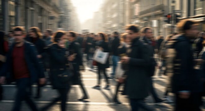 Dynamic motion blur photograph of a dense crowd of people walking quickly across a city street on a sunny day, conveying the rush of urban life and movement