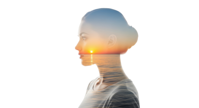 Young caucasian woman's elegant profile, mid-20s, neatly pulled-back hair, neutral top, filled with a golden hour sunset over a tranquil ocean against transparent. Concept of mindfulness and inner