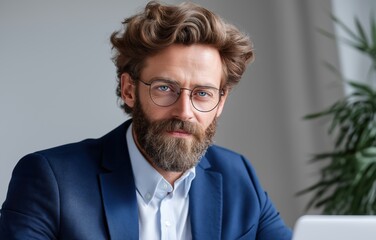 Digital freelancer engages the viewer with a confident look while seated at a workspace