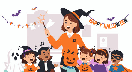 Halloween Classroom Scene with Teacher and Children in Costumes.