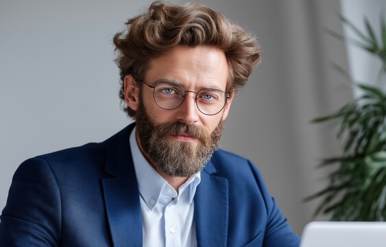 Digital freelancer engages the viewer with a confident look while seated at a workspace