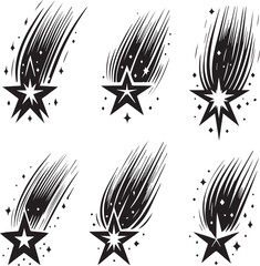 Set of black, falling shooting stars on black night sky background. Crayon, pencil, pastel, charcoal childish kids vector illustration on the primary school blackboard. Bling, twinkle, glint elements