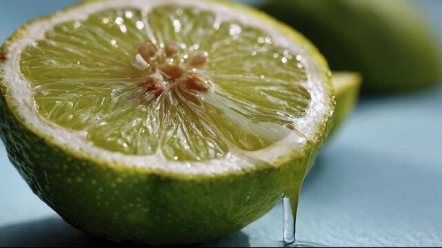 An extreme macro close-up showing a fresh green lime cut in half with a single crystal-clear droplet of juice slowly gathering and dripping from the edge. The texture of the citrus pulp creates a glis