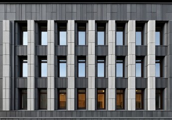 A modern building showcases a striking facade with repeated window patterns and geometric shapes
