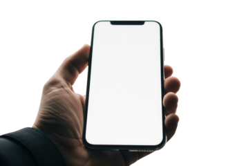 Hand holding a smartphone isolated on transparent background