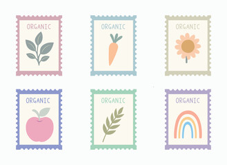 Organic stamp in pastel color vector isolated bundle set. Cute organic label natural clip art for product, icon, sticker, print