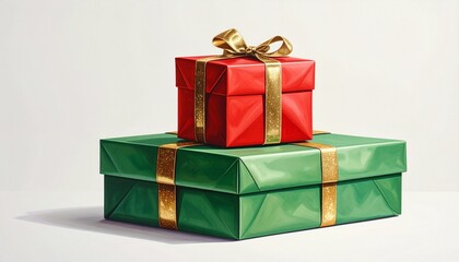 Fototapeta premium festive gift boxes stacked with gold lids and ribbons, set against a green and white background.