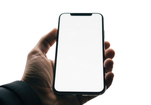 Hand holding a smartphone isolated on transparent background