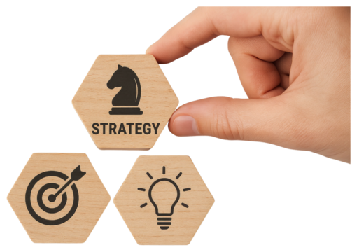 Hand holding hexagonal wooden block with chess knight and strategy text near target and lightbulb blocks isolated on a transparent background