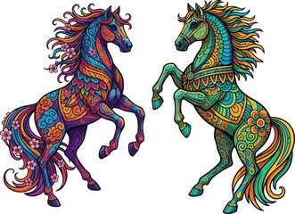 Two Stylized Chinese-Inspired Horses in Distinct Vector Art Styles