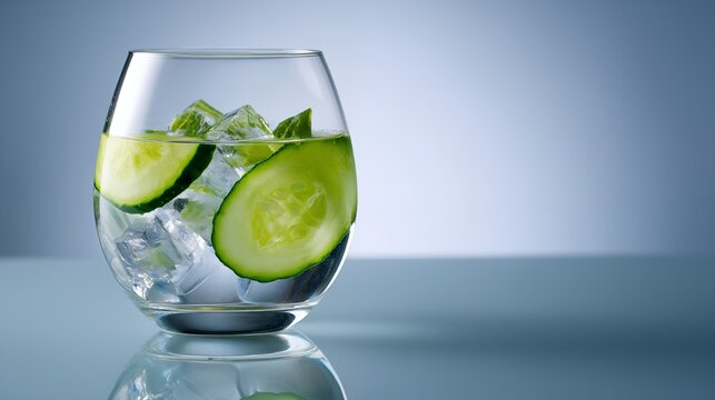 Gin and tonic cocktail with cucumber slices and ice in round glass on glossy blue surface