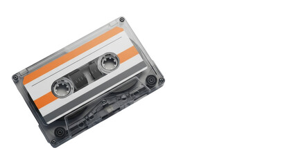 Fototapeta premium Pristine vintage audio cassette tape with transparent casing, dark grey reels, orange, white, dark grey label, isolated on transparent studio background with copy space, concept of data legacy and