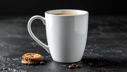 A white ceramic coffee mug filled with coffee, placed on a reflective black surface with scattered beans.