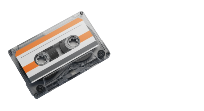 Pristine vintage audio cassette tape with transparent casing, dark grey reels, orange, white, dark grey label, isolated on transparent studio background with copy space, concept of data legacy and