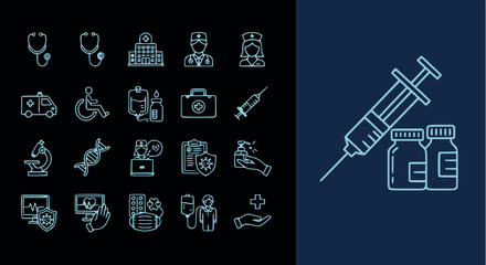Thin neon outline vector icon set for vaccination, healthcare, and hospital services, featuring symbols for syringe, treatment, and medical diagnosis.