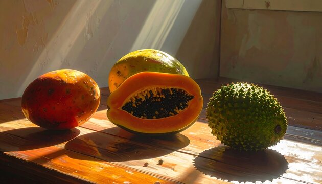 Papaya, Mango, and Soursop Fruits on Wooden Surface.