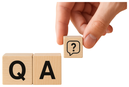 Hand holding wooden cube with speech bubble question mark above blocks spelling Q and A answer chat isolated on a transparent background - Powered by Adobe