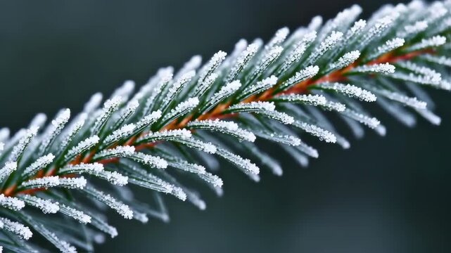 Close up of a frosted pine branch with delicate ice crystals on needles.