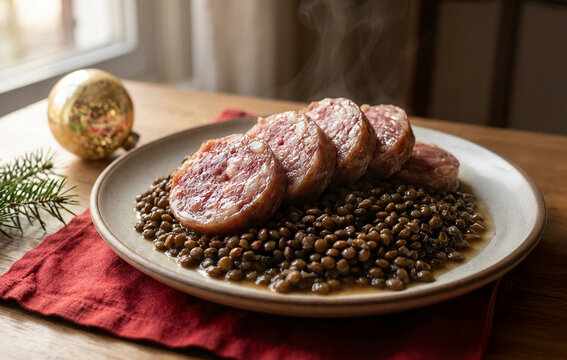 Traditional Italian cotechino with lentils served on a rustic plate over a red cloth. Warm natural light, steam rising, soft Christmas accents and cozy winter atmosphere