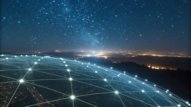 A digital globe illuminated by a network of connections under a starry sky, representing global connectivity and technology.