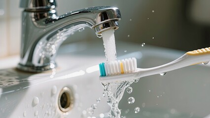 Abstract of daily cleaning of the toothbrush after using.